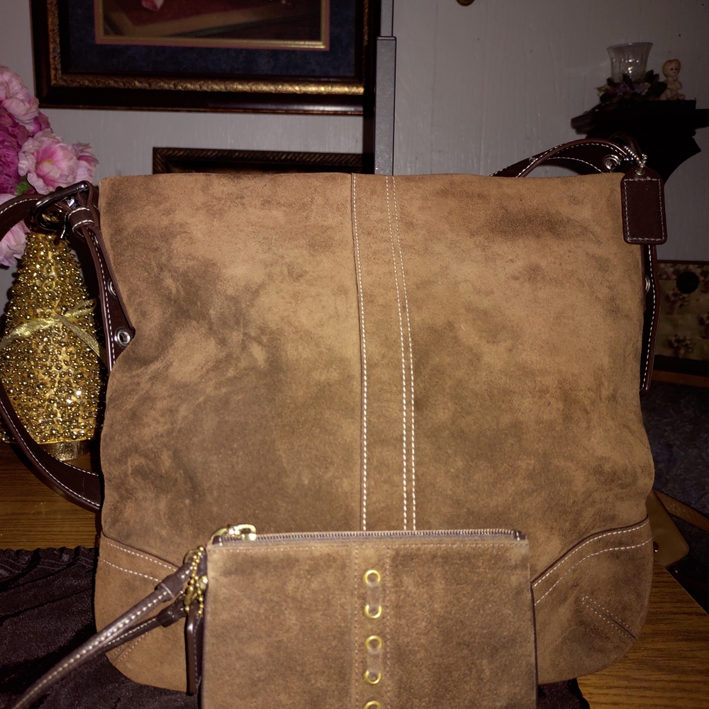 Brown Suede Shoulder Bag with Pouch